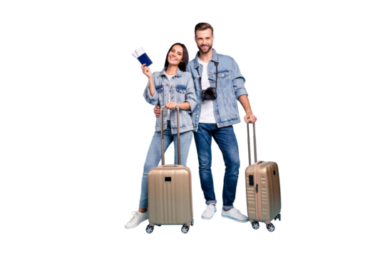 Full length photo of married people holding trolley hug embrace wear stylish denim jeans jackets isolated over blue background