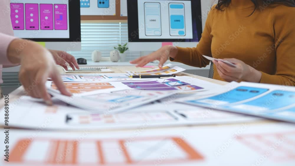 Poster two women working together in an office, moving cards on a table and discussing. they are designing 