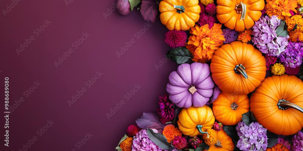 Wall mural Fall pumpkins gourds and flowers flat lay, orange and purple, banner, background, copyspace, top down view, seasonal decor