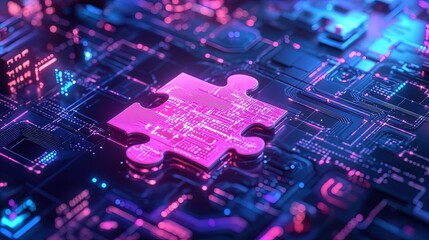 Obraz premium Vibrant Cybernetic Puzzle: A Stunning Poster for Sports Interiors, Merging Innovation and Creativity with Glowing Pink and Blue Digital Circuits