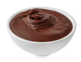 Chocolate hazelnut spread in a bowl isolated. Twisted Hazel nut cream on white background, melted...