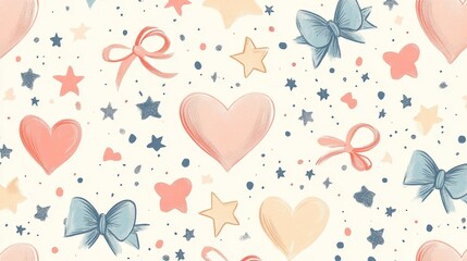 Seamless pattern, including soft heart, star, and vortex patterns, mixed with delicate ribbon and bow graffiti, using soft and warm tones to create a sweet and simple design style.