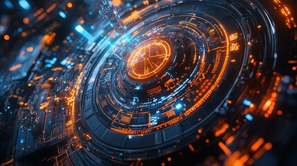 Obraz premium Futuristic Digital Compass: A Vibrant Cybernetic Artwork with Bright Orange and Blue Highlighting, Perfect for Sporty Interior Posters and Tech-Inspired Spaces