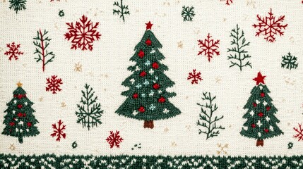 Naklejka premium Festive Green Christmas Sweater Pattern with Knitted Texture Featuring Snowflakes and Christmas Trees on White Background. Classic Holiday Themed Design for Winter Decoration, Apparel, and Festivity.