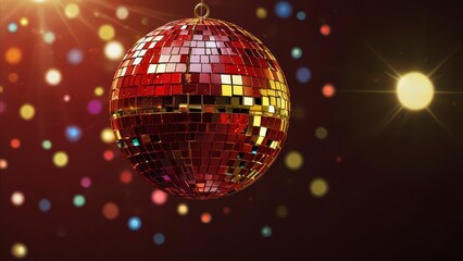 Obraz premium ai, generative, ai generative,RED, ball, disco, sphere, mirror, shine, light, retro, background, entertainment, nightlife, night, particle, bright, dark, dance, effect, festive, glitter, music, nightc