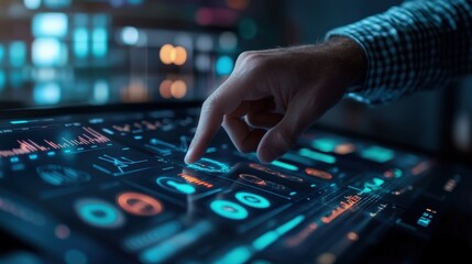 A close-up of a marketer using a digital marketing dashboard, focusing on social media and SEO analytics