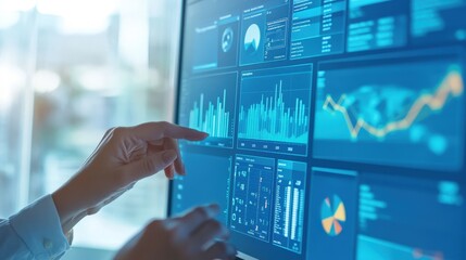 A close-up of a marketer using a digital marketing dashboard, focusing on social media and SEO analytics