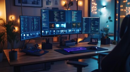 A close-up of a remote business setup at home, featuring multiple monitors, ergonomic chair, and office decor