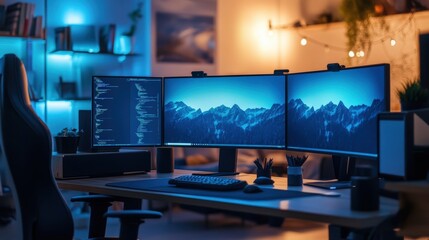 A close-up of a remote business setup at home, featuring multiple monitors, ergonomic chair, and office decor