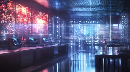Futuristic Server Room with Monitors and Digital Displays