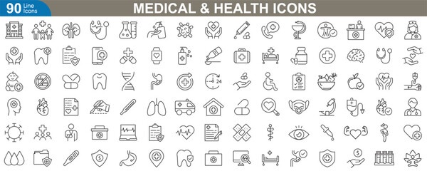 Medical and health outline icons set vector illustrator. Heart, healthcare, first aid, hospital, pharmacy, wellness, nursing and more.