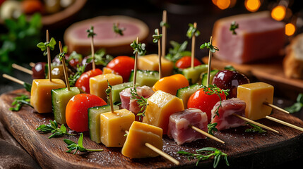 Canapes with vibrant fresh vegetables and cubes of cheese on skewers