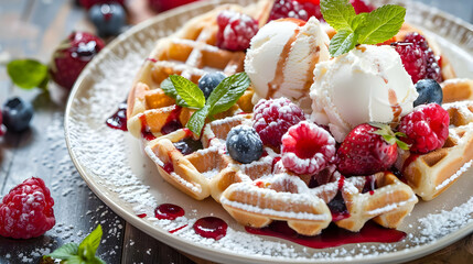 Delicious Waffles with Ice Cream and Berries