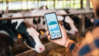 Farmer uses phone to track data in a cow barn.