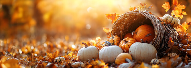 Harvest cornucopia overflowing with pumpkins amidst autumn leaves and warm sunlight