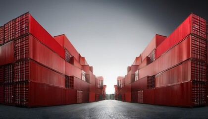 Fototapeta premium Stacked shipping containers create a red path leading to light.