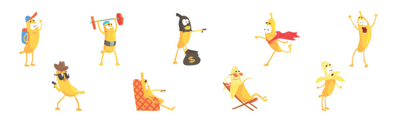 Funny Banana Yellow Character Engaged in Different Activity Vector Set