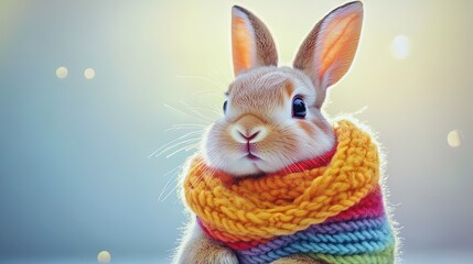Fototapeta premium Charming Bunny in Rainbow Scarf: A Whimsical Poster for Kids' Rooms and Playful Interiors Against a Soft Blue Sky