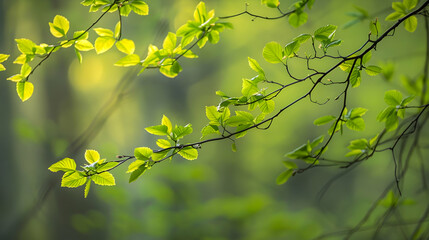 Obraz premium Green Leaves on a Branch in Springtime Nature Photography