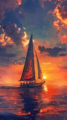 Tranquil Sunset Voyage. Serene sailboat sailing along a calm evening horizon