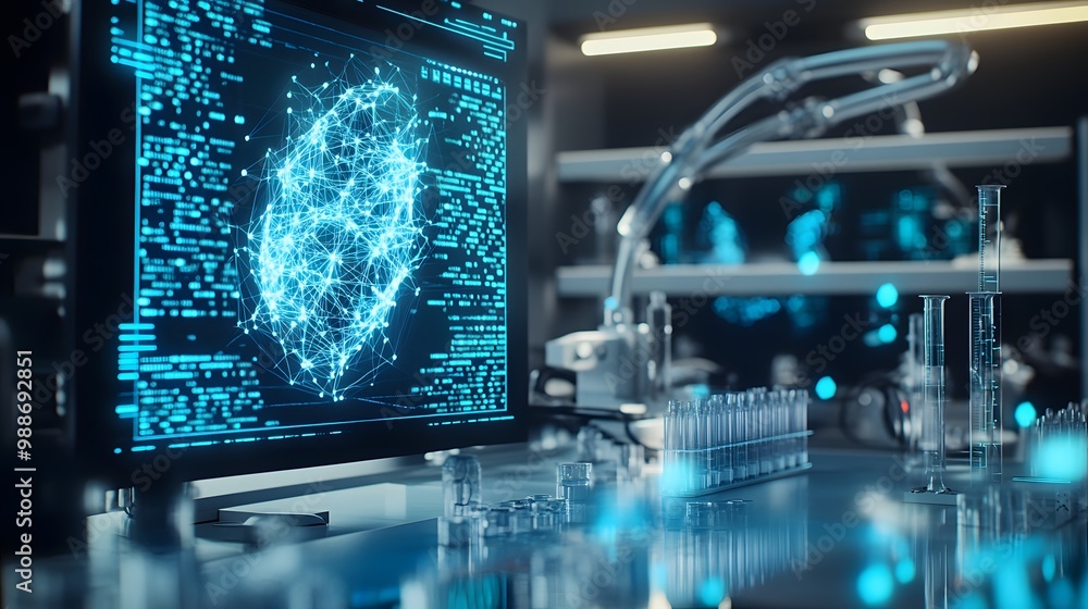 Poster computer screen displaying a networked brain and test tubes on a lab bench