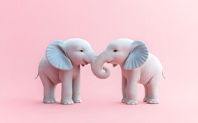 Obraz premium A delightful pastel-colored elephant couple stands close together on a soft pink background, showcasing a minimalistic design perfect for kids' fashion inspiration