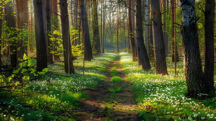 Obraz premium Sun Dappled Forest Path A Serene Woodland Scene