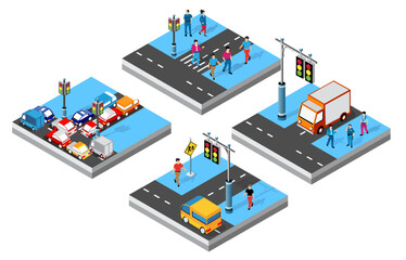 Isometric city design concept with various vehicles moving on road and pedestrians waiting for green traffic light to cross street