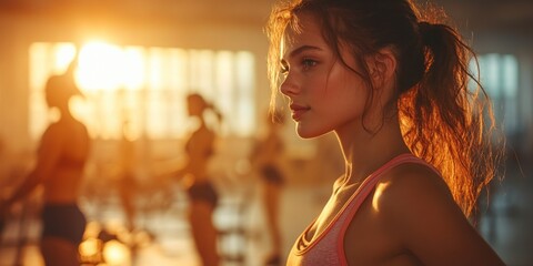 Dynamic fitness class in action, diverse participants engaged in exercise, gym equipment softly blurred in the background, vibrant energy fills the space