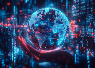 A hand holds a glowing globe surrounded by binary code and a digital world map showcasing global connectivity in technology