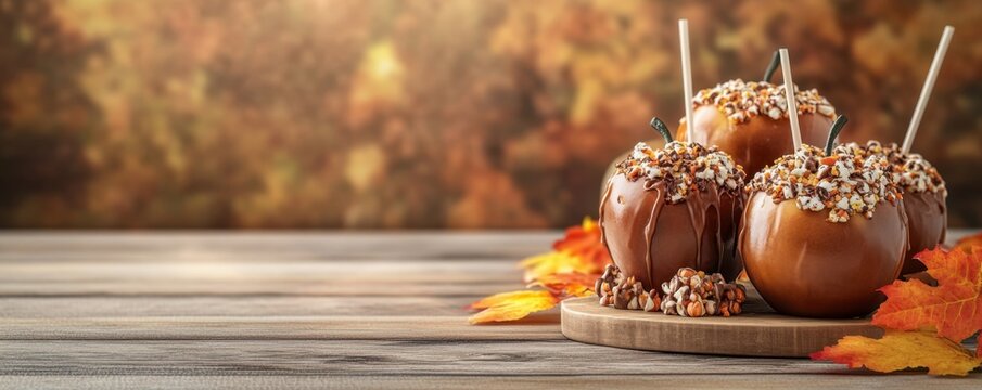 Delicious caramel apples with nuts and autumn leaves, perfect for fall festivities and seasonal celebrations.