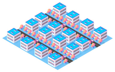 Isometric illustration of a city with many buildings, trees, and cars driving on the road