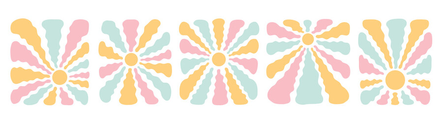 Retro groovy sun set, flat simple style, vector illustration. Sun isolated on white background. Abstract sun with wavy rays. Vintage elements for posters, banners design. Trendy 60s 70s hippie