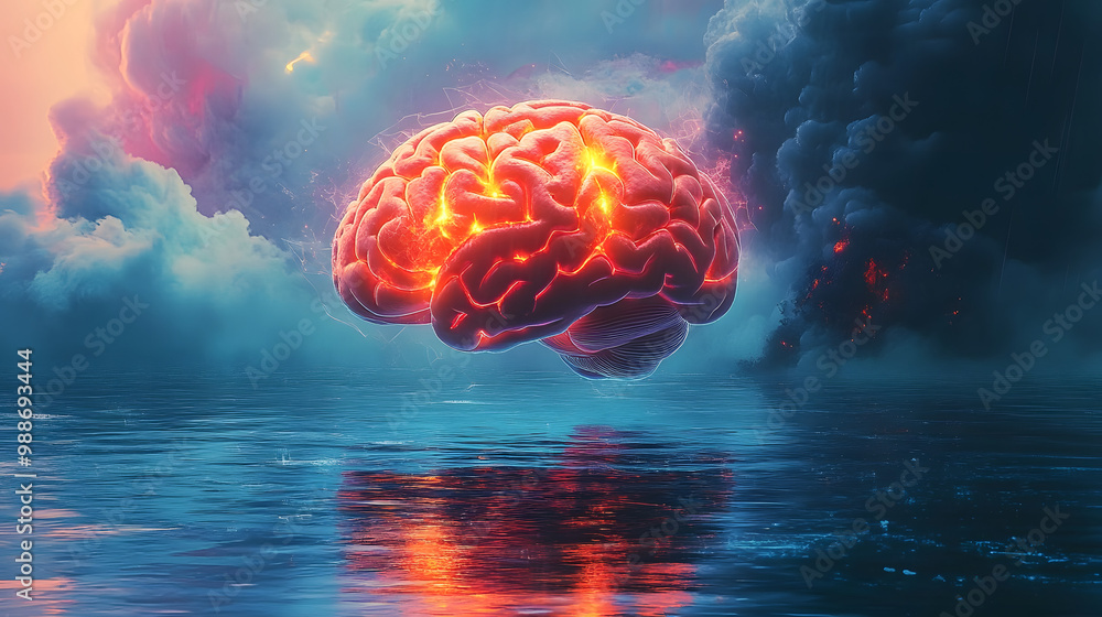 Poster surreal digital illustration of a glowing human brain with plexus lines floating above a water-like 