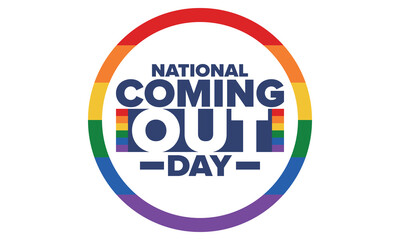 National Coming Out Day. Happy holiday. Pride month. LGBT rainbow flag. Diversity and equality. Gay and lesbian. Free love, heart shape. Illustration. Vector poster