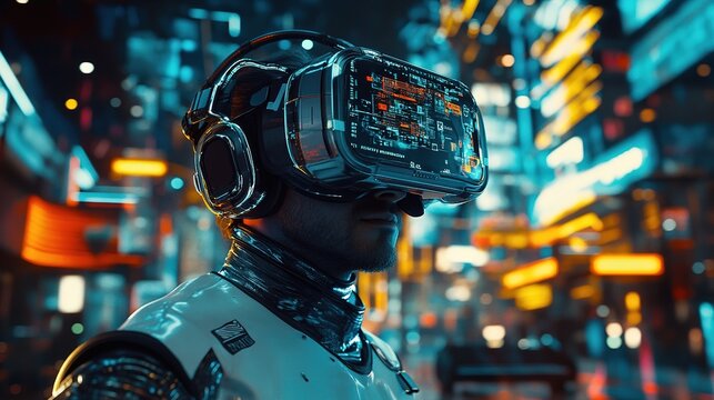 A virtual reality user immersed in a multi-dimensional world, wearing futuristic gear and interacting with a mixed-reality environment