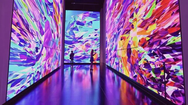 A vibrant, immersive art installation with colorful digital displays and reflections.