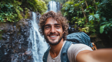 Smiling backpacker capturing a selfie with a large waterfall behind him in a lush tropical forest, surrounded by vibrant greenery on an outdoor adventure