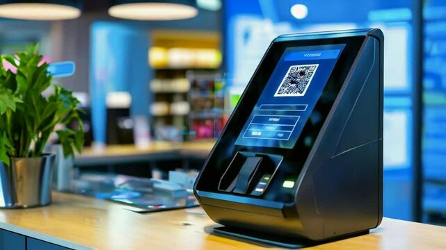 A self-service kiosk with a QR code scanner for transactions.