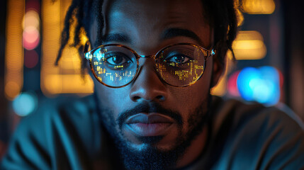 Tech professional with glasses reflecting glowing digital code, symbolizing innovation and data analysis in a futuristic, high-tech environment