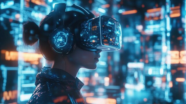 A virtual reality user immersed in a multi-dimensional world, wearing futuristic gear and interacting with a mixed-reality environment