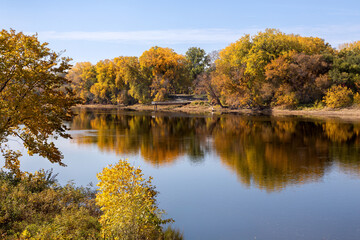 Scenic fall colors and autumn view of the Mississippi River near Minneapolis in Fridley and Brooklyn Center at the North Mississippi Regional Park