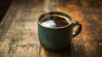 Visualize a steaming cup of coffee sitting on a rustic wooden table. The dark liquid swirls gently, releasing a rich, aromatic scent that fills the air. 