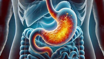 A medical illustration of the human stomach with inflammation due to peptic ulcer