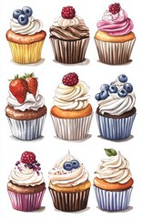 bakery and cafe banners, posters, and advertising materials. cupcakes decorated with cream swirls of various colors, one filled with blueberries or strawberries, and another with chocolate chips. 