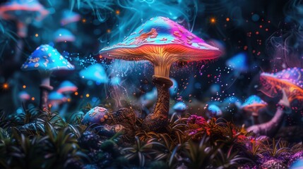 Psychedelic Mushroom Wonderland. Trippy and detailed mushroom wallpaper on plain background concept