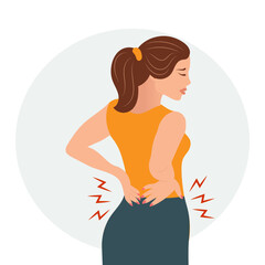 Sad young woman with back pain. The concept of health and medicine. Illustration, vector