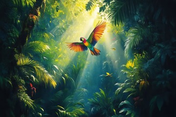 Tropical Paradise: A Colorful Macaw Soaring Through Lush Foliage
