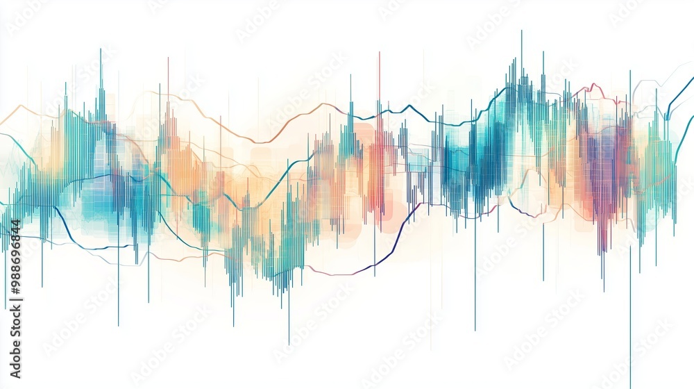 Poster abstract data visualization showing intricate patterns and trends in a colorful wave-like design aga