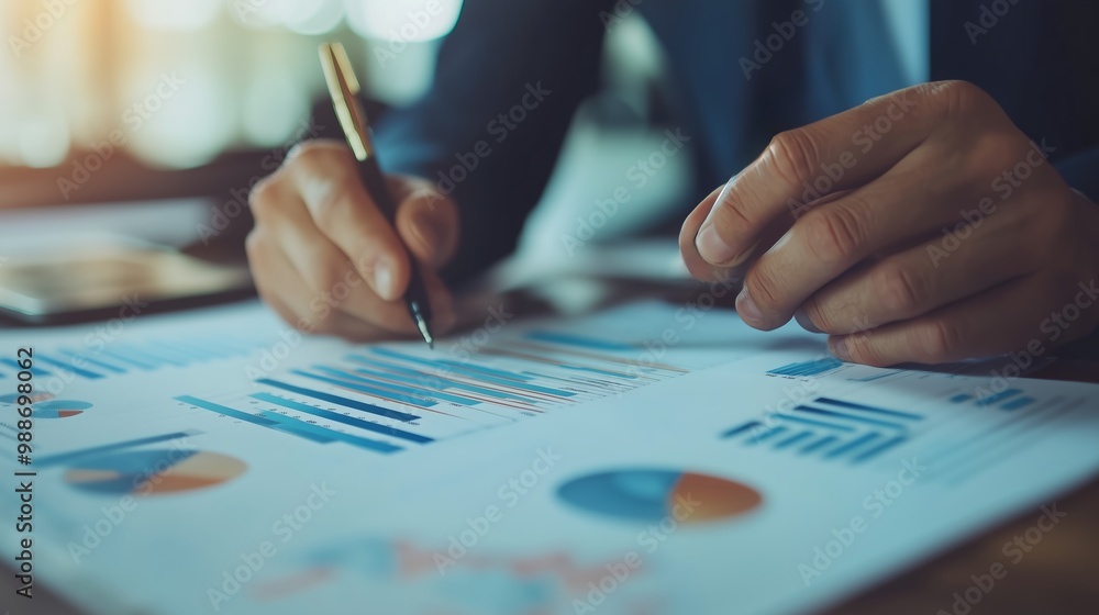 Poster professional analyzing financial data in an office setting during daylight, focusing on charts and g